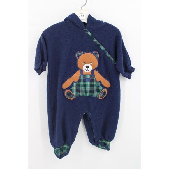 CLASS CLUB BABY FLANNEL HOODED FOOTED BEAR OUTFIT SIZE 6/9M VINTAGE - Picture 1 of 7